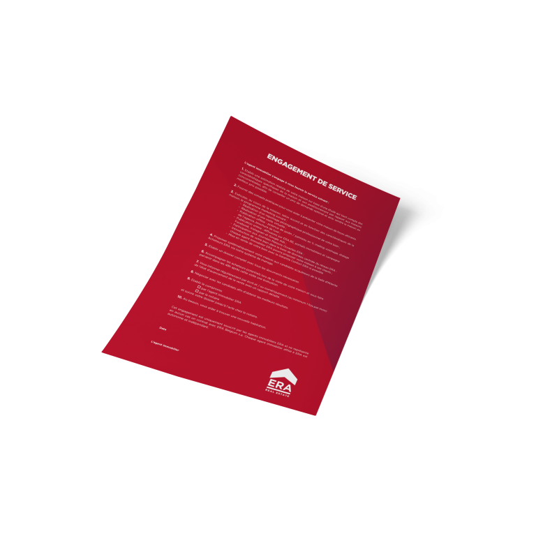 Il s'agit d'une feuille rouge avec du texte blanc, qui énumère l'engagement de service ERA.
