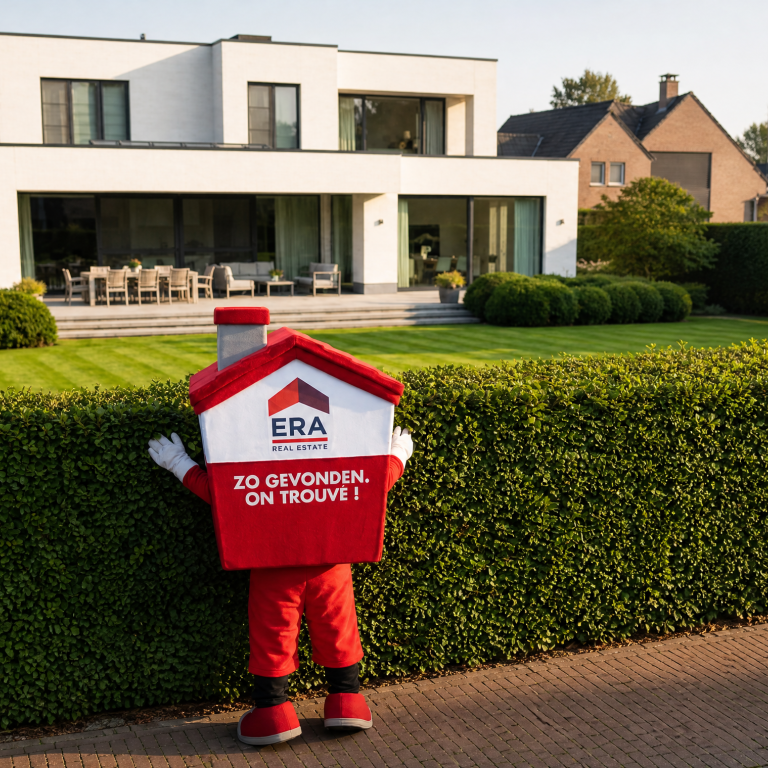 Homie kijkt nieuwsgierig over de haag naar een nieuwe woning