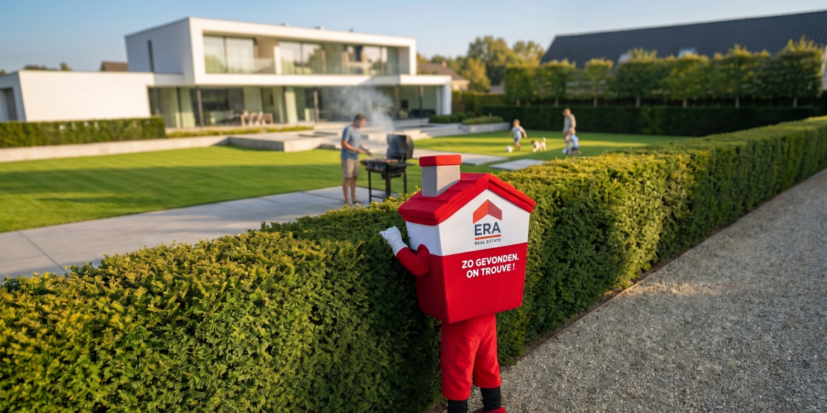 Homie kijkt over de haag naar een nieuwe woning waar mensen in de tuin BBQ'en