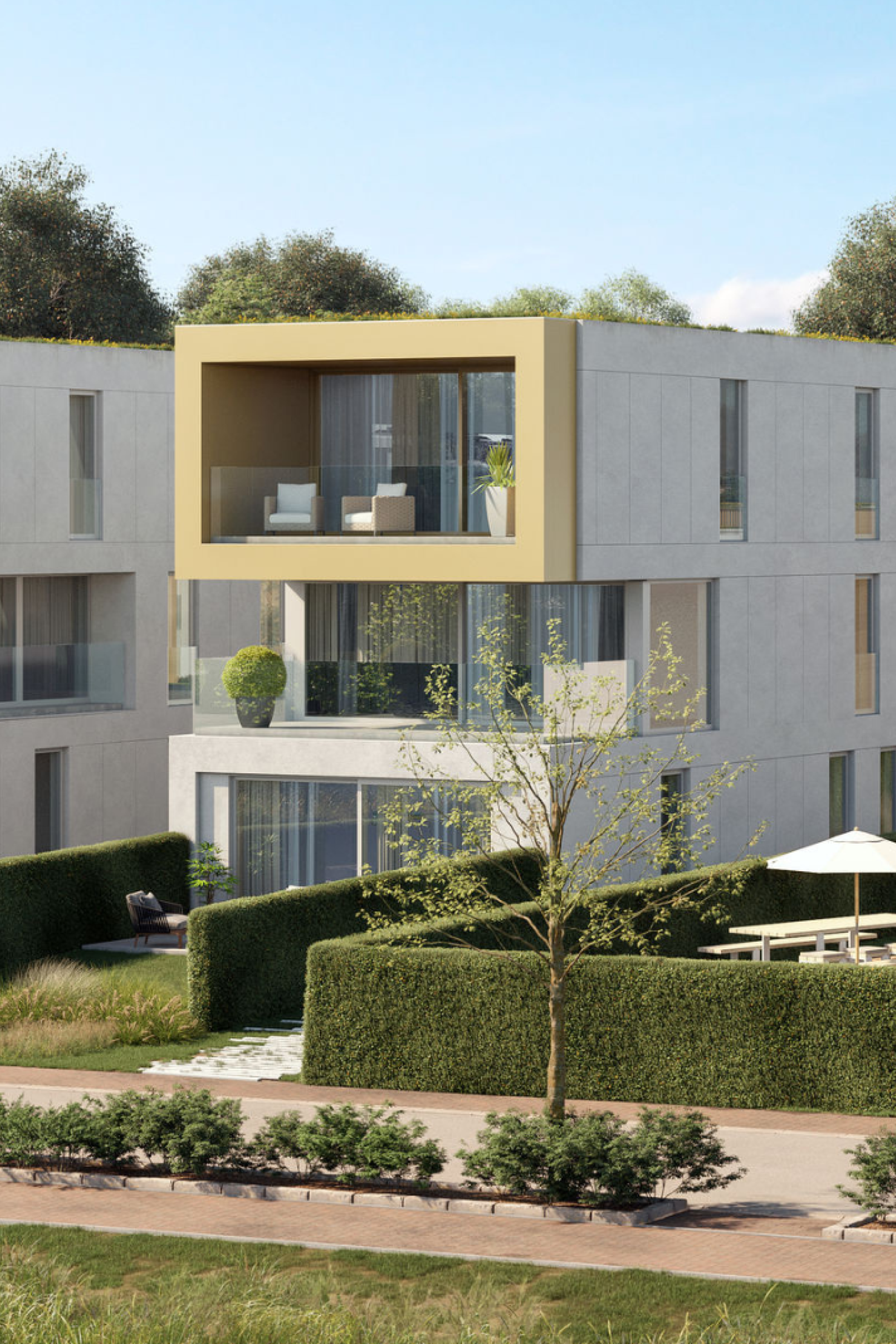 Foto van een nieuwbouwappartementenblok.