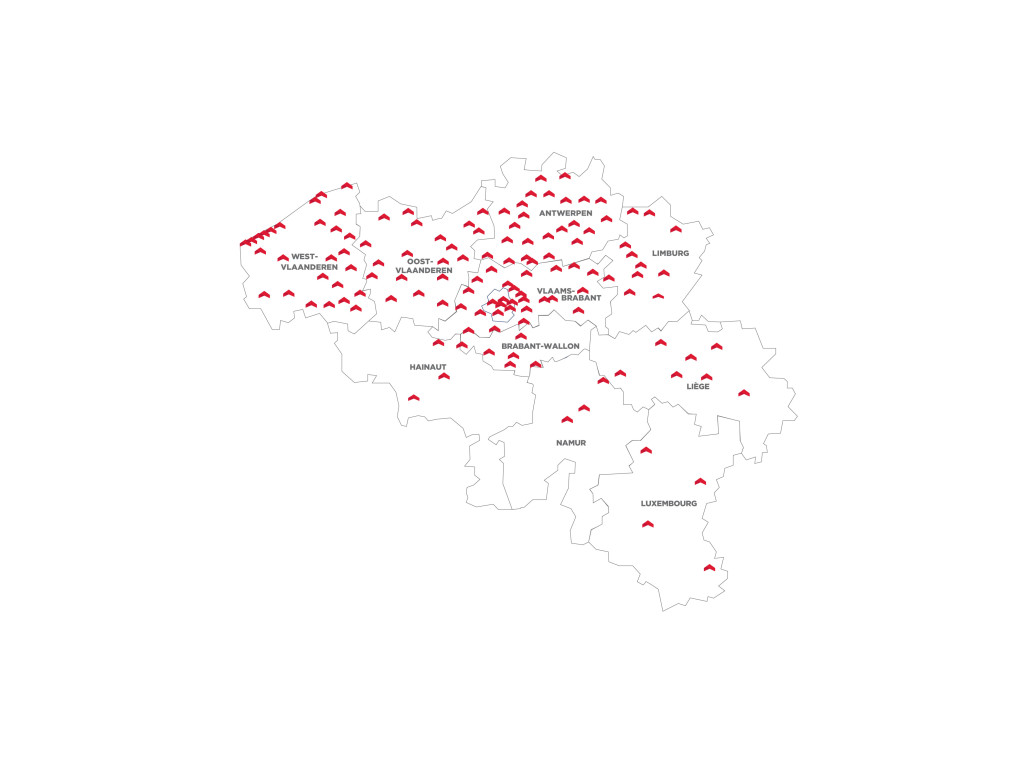 De kaart van België met alle ERA kantoren.