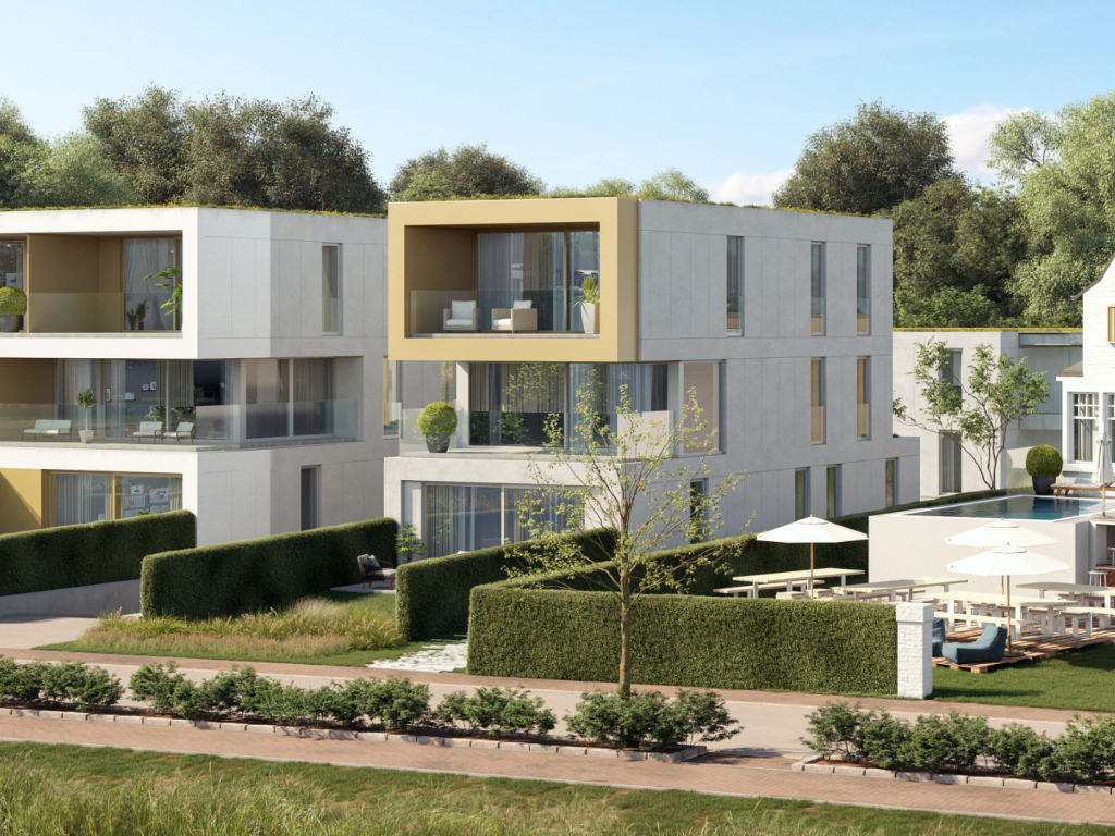 Foto van een nieuwbouwappartementenblok.